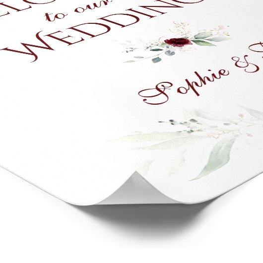 Bordeaux Bloemrijke Groene Welkom Huwelijksbord Poster (Hoek)