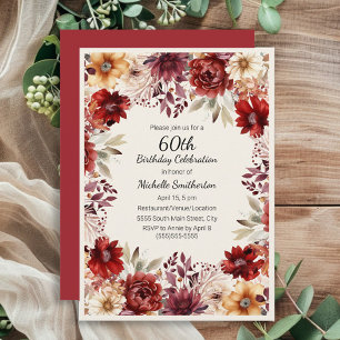 Bordeaux Crème Waterverf Bloemen 60e Verjaardag Kaart