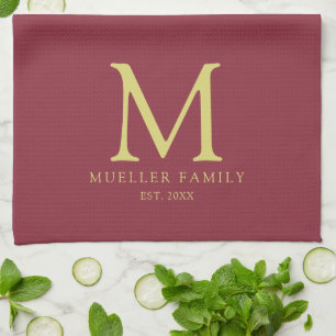Bordeaux Effen Kleur Goud Familienaam Monogram Theedoek