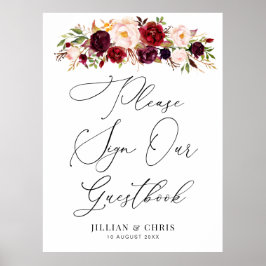 Bordeaux en blush bloemengastenboek teken poster