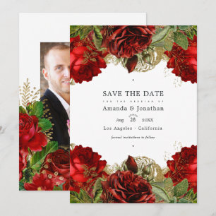 Bordeaux en goud vintage chic rozen trouwfoto save the date