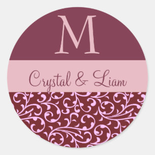BORDEAUX en ROZE Damast Bruiloft Monogram Ronde Sticker
