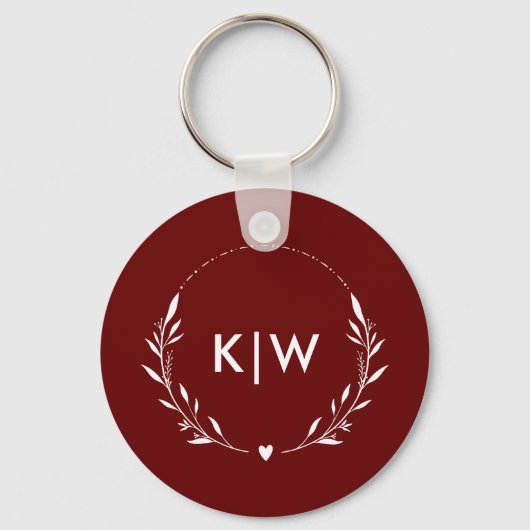 Bordeaux en wit | Monogram moderne Initialen Sleutelhanger (Voorkant)