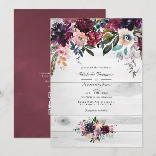 Bordeaux Floral Garden QR Code RSVP Wedding Invita Kaart (Voorkant / Achterkant)