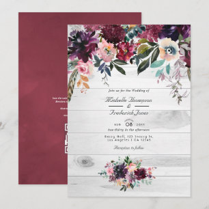 Bordeaux Floral Garden QR Code RSVP Wedding Invita Kaart