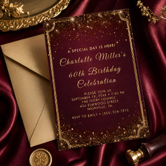 Bordeaux & Goud Glitter 60ste Verjaardagsfeest Kaart