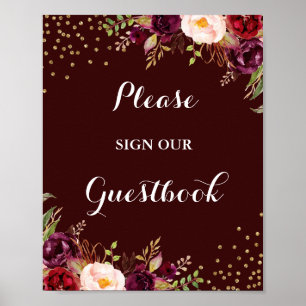 Bordeaux Gouden Bloemstuk Bruiloft Gastboek Bord Poster