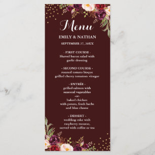 Bordeaux Gouden Confetti Bloem Bruiloftsmenu Menu