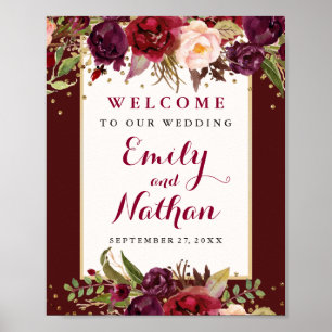 Bordeaux Gouden Confetti Bloemen Huwelijksbord Poster