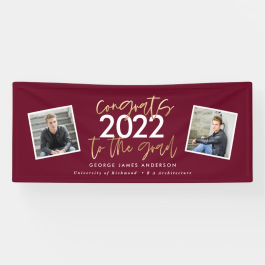 Bordeaux gouden moderne script multi foto grad spandoek (Horizontaal)