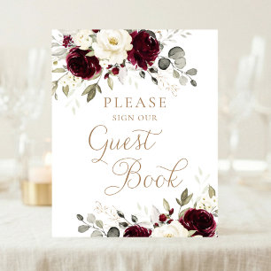 Bordeaux groene bloem bruiloft gast boek bord poster