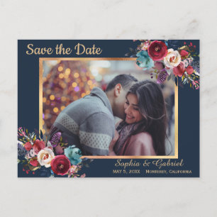 Bordeaux Marine Bloemen Blauw Foto Save the Date Aankondigingskaart