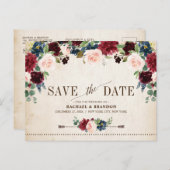 Bordeaux Marine Bloemige Landelijke Opslag Bericht Aankondigingskaart (Voorkant / Achterkant)