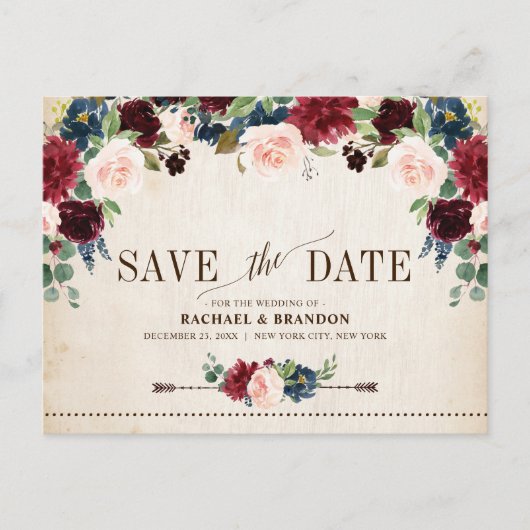 Bordeaux Marine Bloemige Landelijke Opslag Bericht Aankondigingskaart (Voorkant)