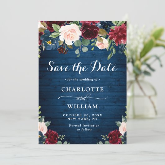 Bordeaux Marineblauw Blos Waterverf Bloemen Bruilo Save The Date (Staand voorkant)