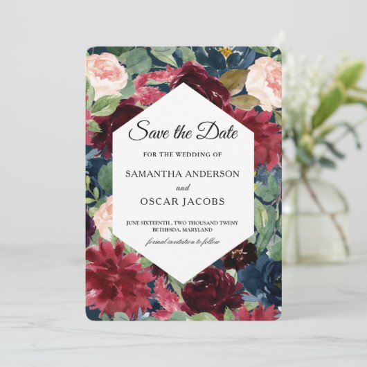 Bordeaux Marineblauw & Rood Aquarel Bloem Kader Save The Date (Staand voorkant)