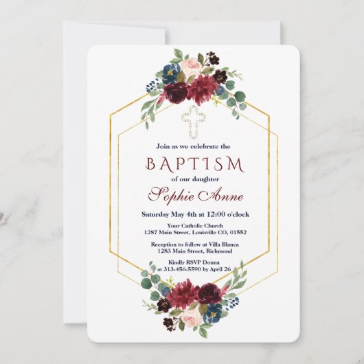 Bordeaux Navy Bloem Gouden Zeshoekige Frame Doop Kaart (Voorkant)
