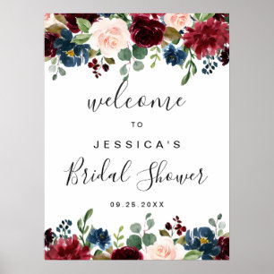 Bordeaux Navy Bloemen Bruiloft Aankondiging Bord Poster