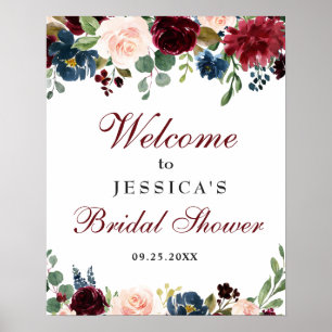 Bordeaux Navy Bloemen Bruiloft Ontvangstbord Poster