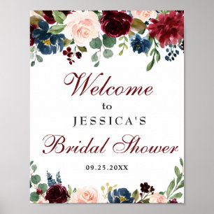 Bordeaux Navy Bloemen Bruiloft Ontvangstbord Poster