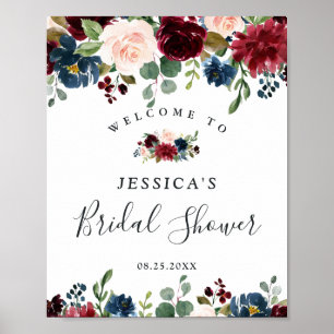 Bordeaux Navy Bloemen Bruiloft Welkom Bord Poster