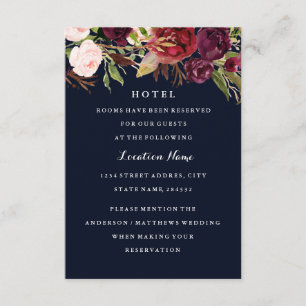 Bordeaux Navy Bloemen Herfst Bruiloft Hotelkaart Informatiekaartje
