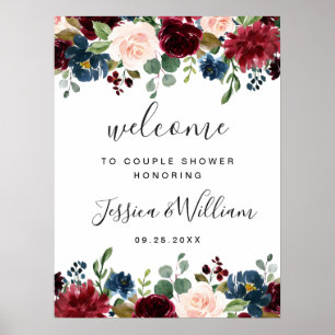 Bordeaux Navy Bloemen Welkom COUPLE BRUILOFT Bord Poster