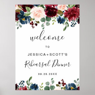 Bordeaux Navy Bloemen Welkom Oefenavond Eetkamer B Poster