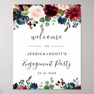 Bordeaux Navy Bloemen Welkom Verlovingsfeest Bord Poster