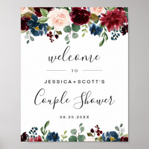 Bordeaux Navy Bloemen Welkomst COUPLE BRUILOFTSFEe Poster