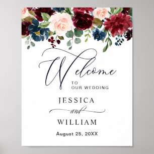 Bordeaux Navy Blush Bloemen Bruiloft Welkom Poster