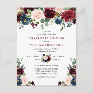 Bordeaux Navy Blush Bloemen Bruiloftsinvitatie Briefkaart