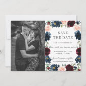 Bordeaux Navy Roze Bloem Foto Save the Date Kaart (Voorkant)