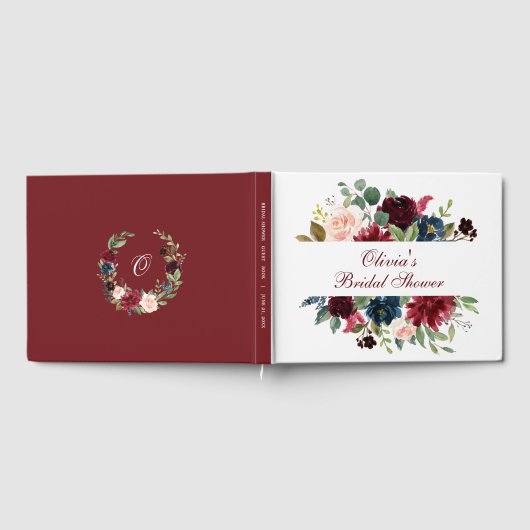 Bordeaux Navyblauw Blush Bloemachtige Bruiloftsdou Gastenboek (Volledig)