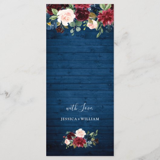 Bordeaux Navyblauw Blush Bloemen Bruiloft Menu (Achterkant)