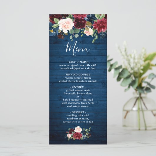 Bordeaux Navyblauw Blush Bloemen Bruiloft Menu (Staand voorkant)