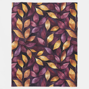 Bordeaux Paars Gouden Bladeren Fleece Deken