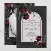 Bordeaux Red Roses Shadowy Grey Floral Verloving Kaart (Voorkant / Achterkant)