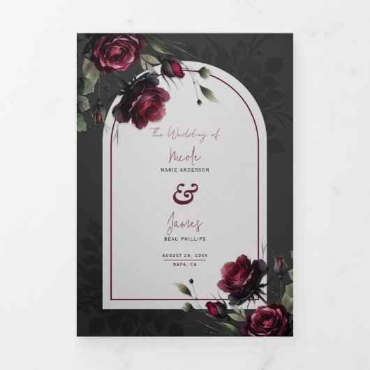 Bordeaux rode rozen schimmige grijze bloemenbruilo drieluik uitnodiging (Cover)