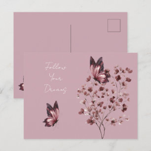 Bordeaux Roze Bloemen Vlinder Dromen Briefkaart