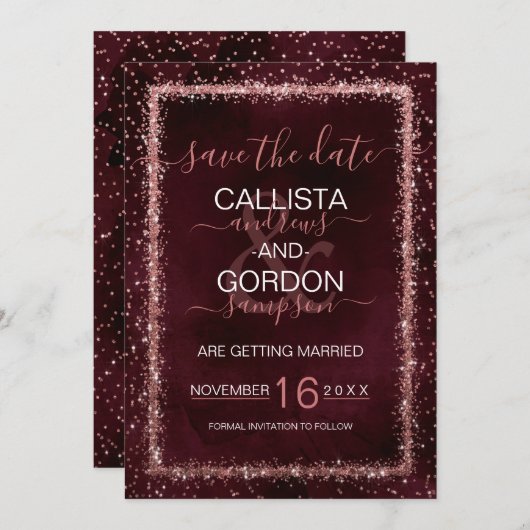 Bordeaux Roze Goud Gestrooide Confetti Bruiloft Save The Date (Voorkant / Achterkant)