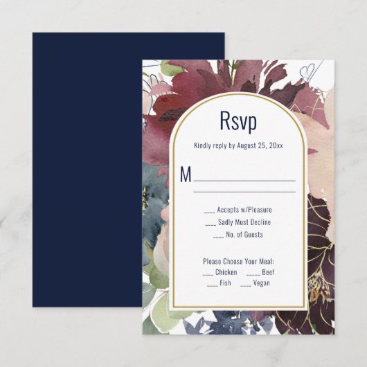 Bordeaux, Roze, Navy Gouden Boog RSVP Kaartje (Voorkant / Achterkant)