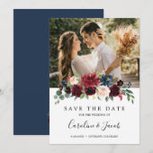 Bordeaux Roze Roze Blauw Bloem Bruiloft Save The Date (Voorkant / Achterkant)