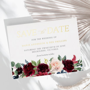 Bordeaux-waterverf bloemen bruiloft Save the date Folie Uitnodiging Briefkaart
