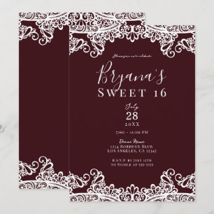 Bordeaux Wijn Witte Kant Elegante Sweet 16 Feestje Kaart