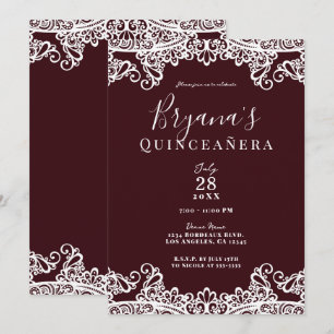 Bordeaux Wine & White Lace Elegant Quinceañera Kaart