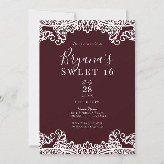 Bordeaux Wine White Lace Elegant Sweet 16 Party Kaart (Voorkant)