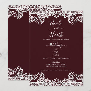 Bordeaux Wine & White Lace Elegant Wedding Kaart