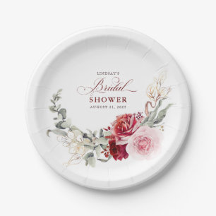 Bordeauxrode Bloemen Elegante Boho Bruiloftsdouche Papieren Bordje