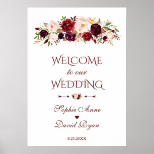 Bordeauxrode bloemen welkom trouwbord poster